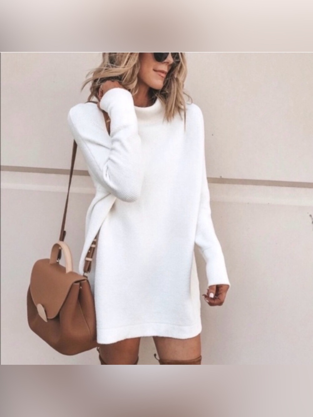 Free People Ottoman White Mock Neck Long Sleeve Knit Tunic Sweater